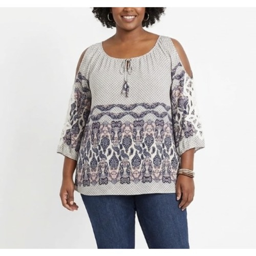 Ail Miles Round Neck Tie‎ Front Cold Shoulder Lace Detail Boho Top Large
